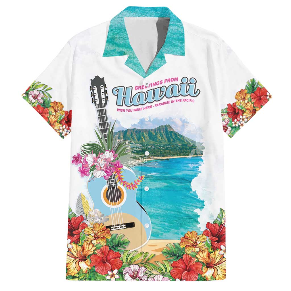 Aloha Hawaii Waikiki Beach Landscape Family Matching Off Shoulder Short Dress and Hawaiian Shirt