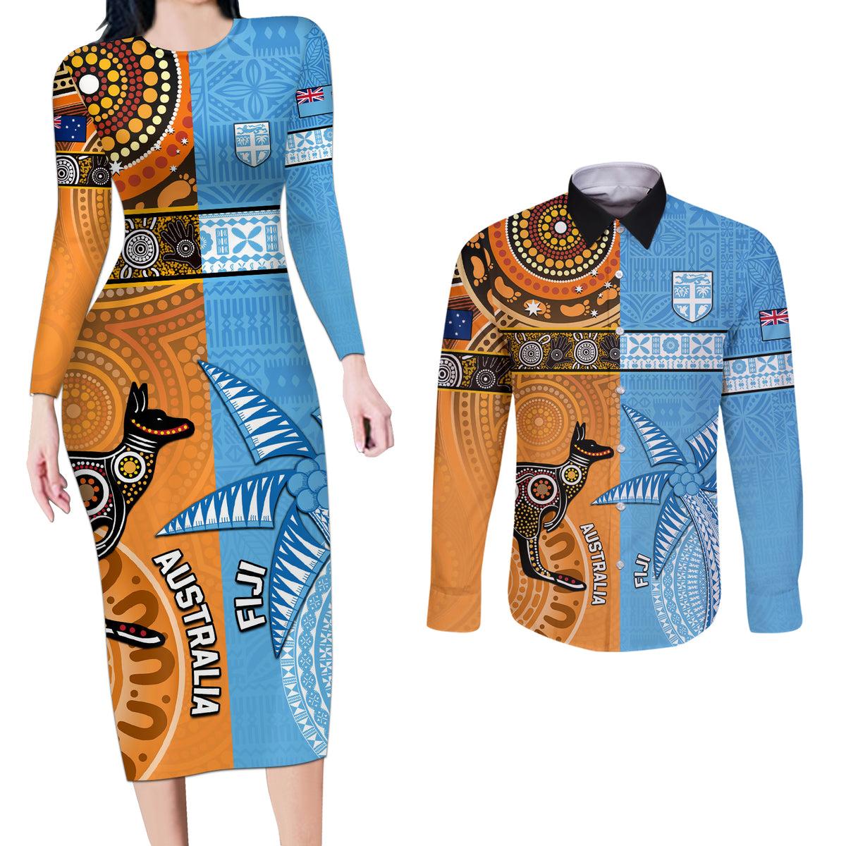 Custom Fiji Tapa And Australia Aboriginal Together Couples Matching Long Sleeve Bodycon Dress and Long Sleeve Button Shirt LT05 Blue - Polynesian Pride