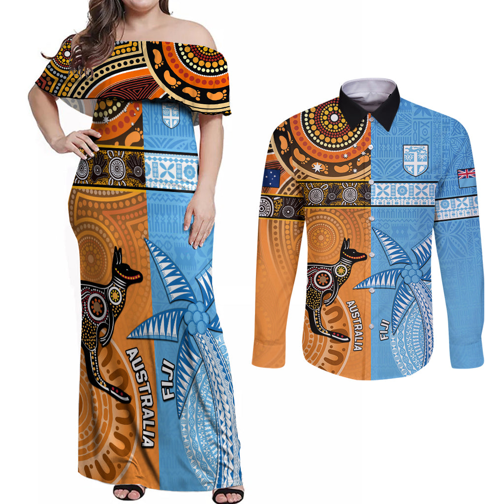 Custom Fiji Tapa And Australia Aboriginal Together Couples Matching Off Shoulder Maxi Dress and Long Sleeve Button Shirt LT05 Blue - Polynesian Pride