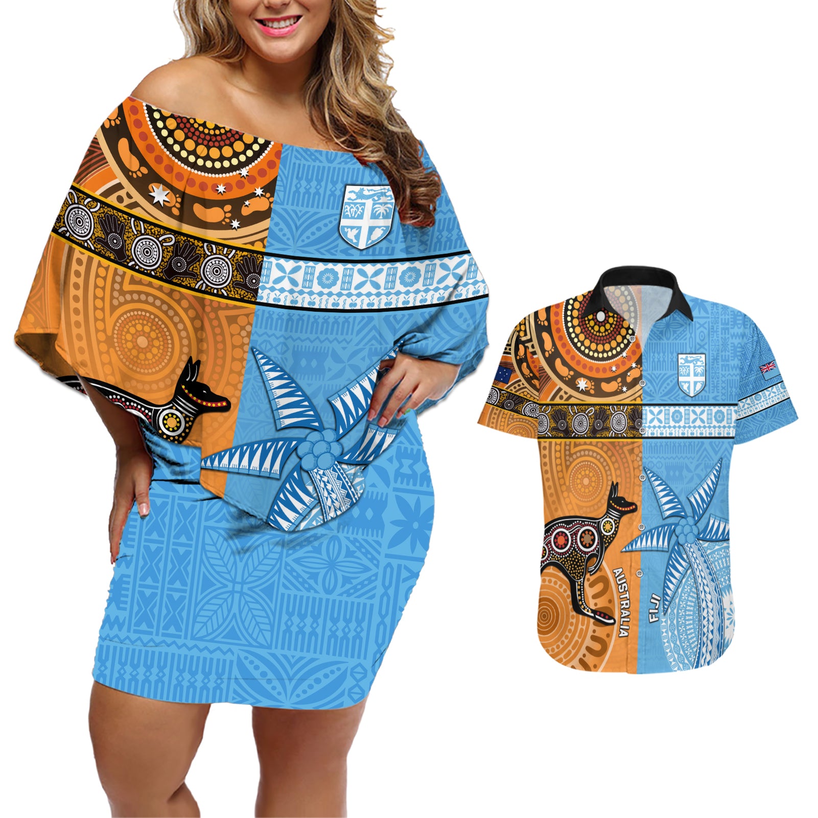 Custom Fiji Tapa And Australia Aboriginal Together Couples Matching Off Shoulder Short Dress and Hawaiian Shirt LT05 Blue - Polynesian Pride