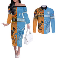 Custom Fiji Tapa And Australia Aboriginal Together Couples Matching Off The Shoulder Long Sleeve Dress and Long Sleeve Button Shirt LT05 Blue - Polynesian Pride