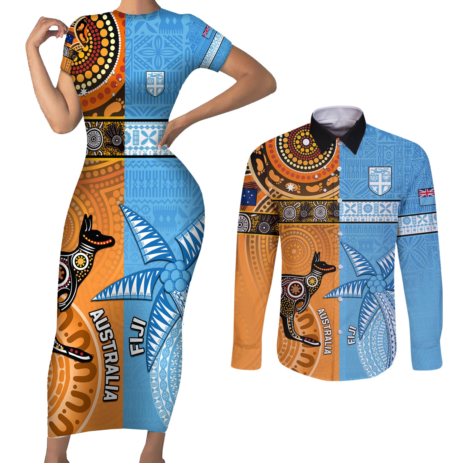 Custom Fiji Tapa And Australia Aboriginal Together Couples Matching Short Sleeve Bodycon Dress and Long Sleeve Button Shirt LT05 Blue - Polynesian Pride