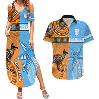 Custom Fiji Tapa And Australia Aboriginal Together Couples Matching Summer Maxi Dress and Hawaiian Shirt LT05 Blue - Polynesian Pride