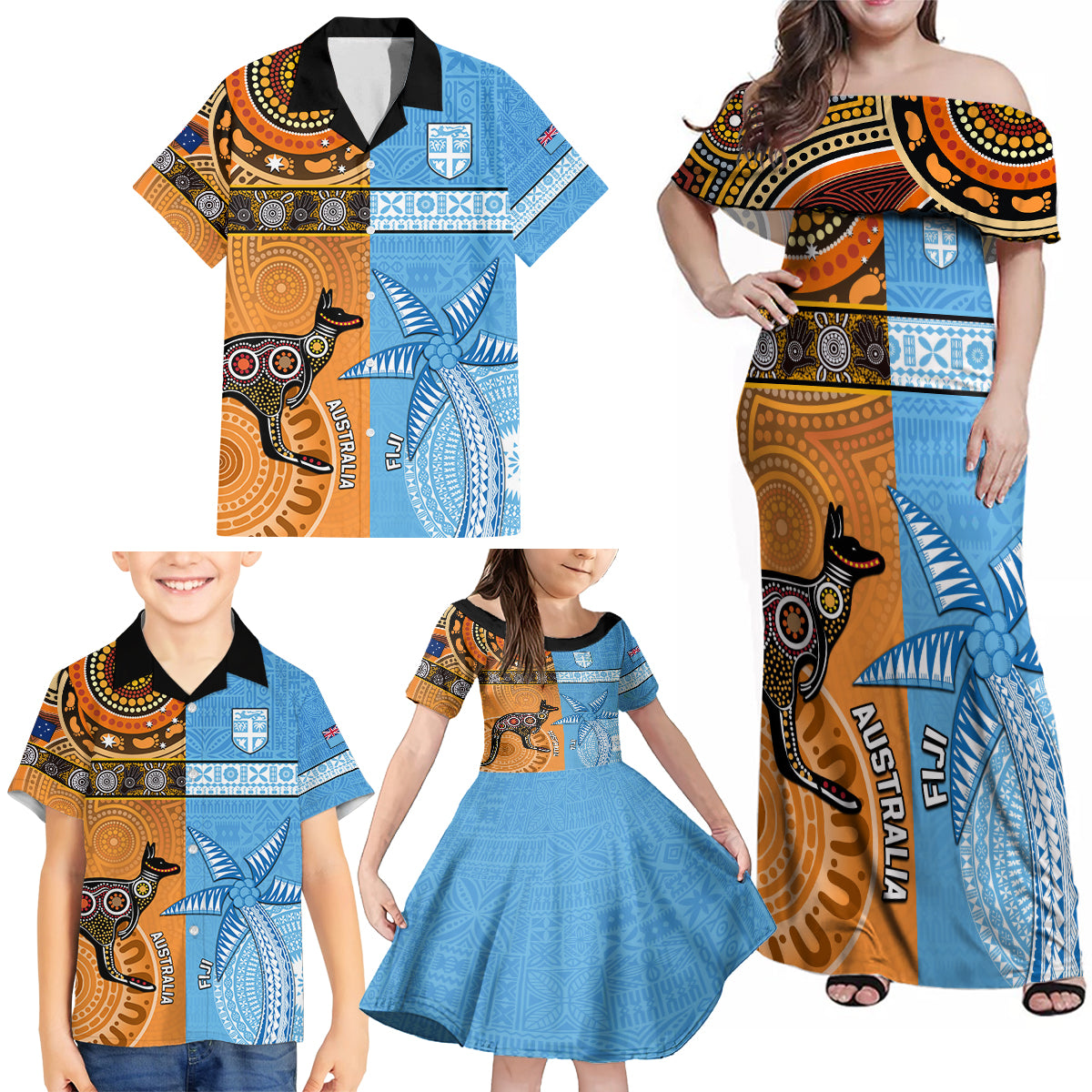 Custom Fiji Tapa And Australia Aboriginal Together Family Matching Off Shoulder Maxi Dress and Hawaiian Shirt LT05 - Polynesian Pride