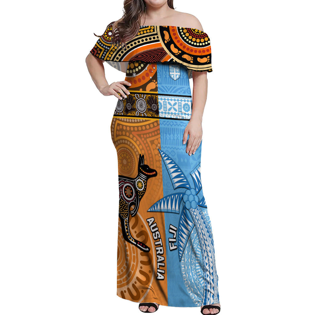 Custom Fiji Tapa And Australia Aboriginal Together Off Shoulder Maxi Dress LT05 Women Blue - Polynesian Pride