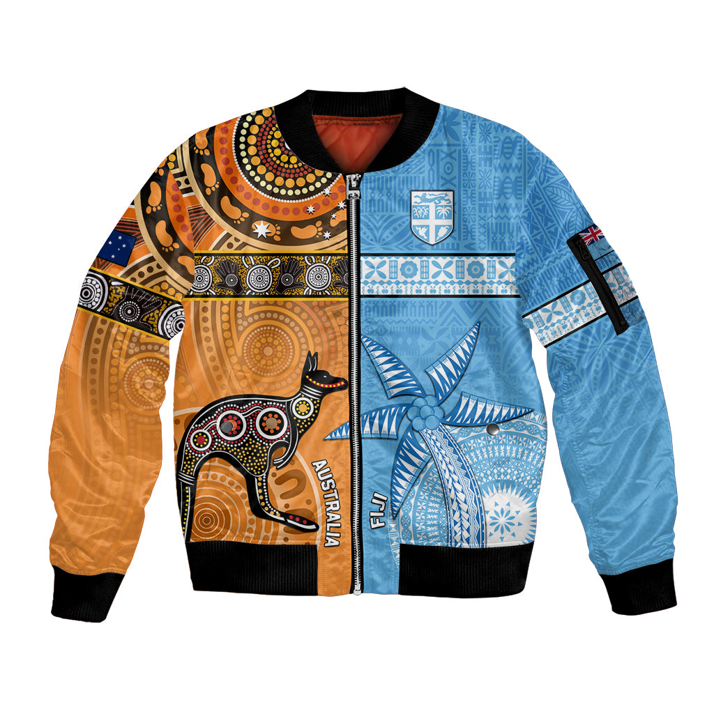 Custom Fiji Tapa And Australia Aboriginal Together Sleeve Zip Bomber Jacket LT05 Unisex Blue - Polynesian Pride
