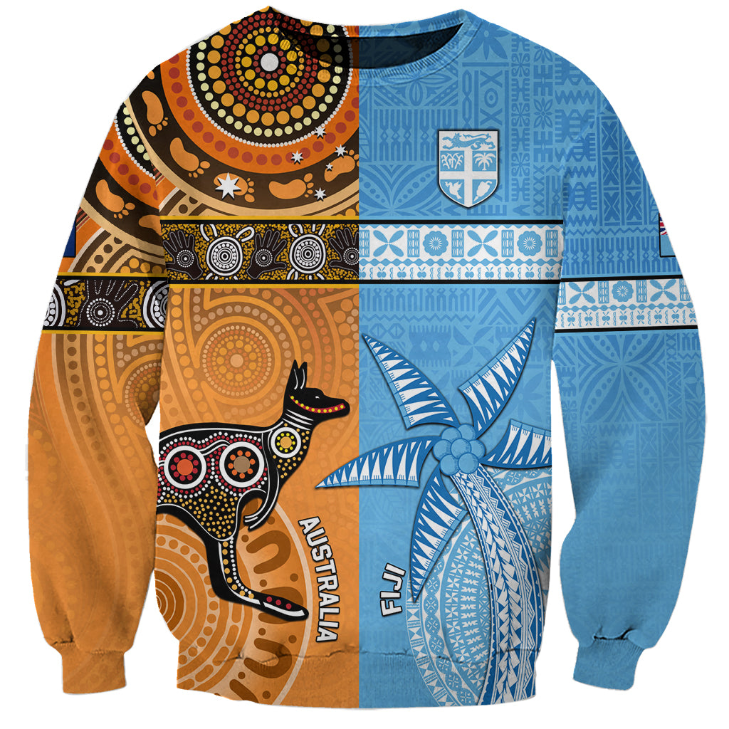 Custom Fiji Tapa And Australia Aboriginal Together Sweatshirt LT05 Unisex Blue - Polynesian Pride