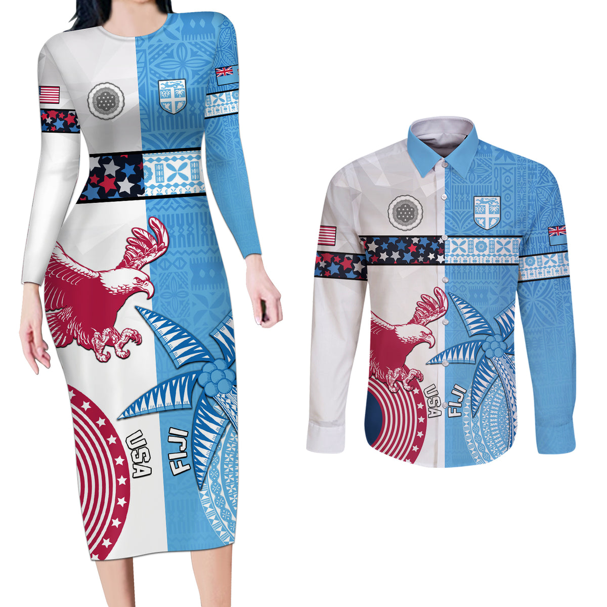Custom Fiji And USA Palm Tree With Eagle Couples Matching Long Sleeve Bodycon Dress and Long Sleeve Button Shirt LT05 Blue - Polynesian Pride