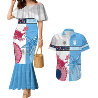 Custom Fiji And USA Palm Tree With Eagle Couples Matching Mermaid Dress and Hawaiian Shirt LT05 Blue - Polynesian Pride
