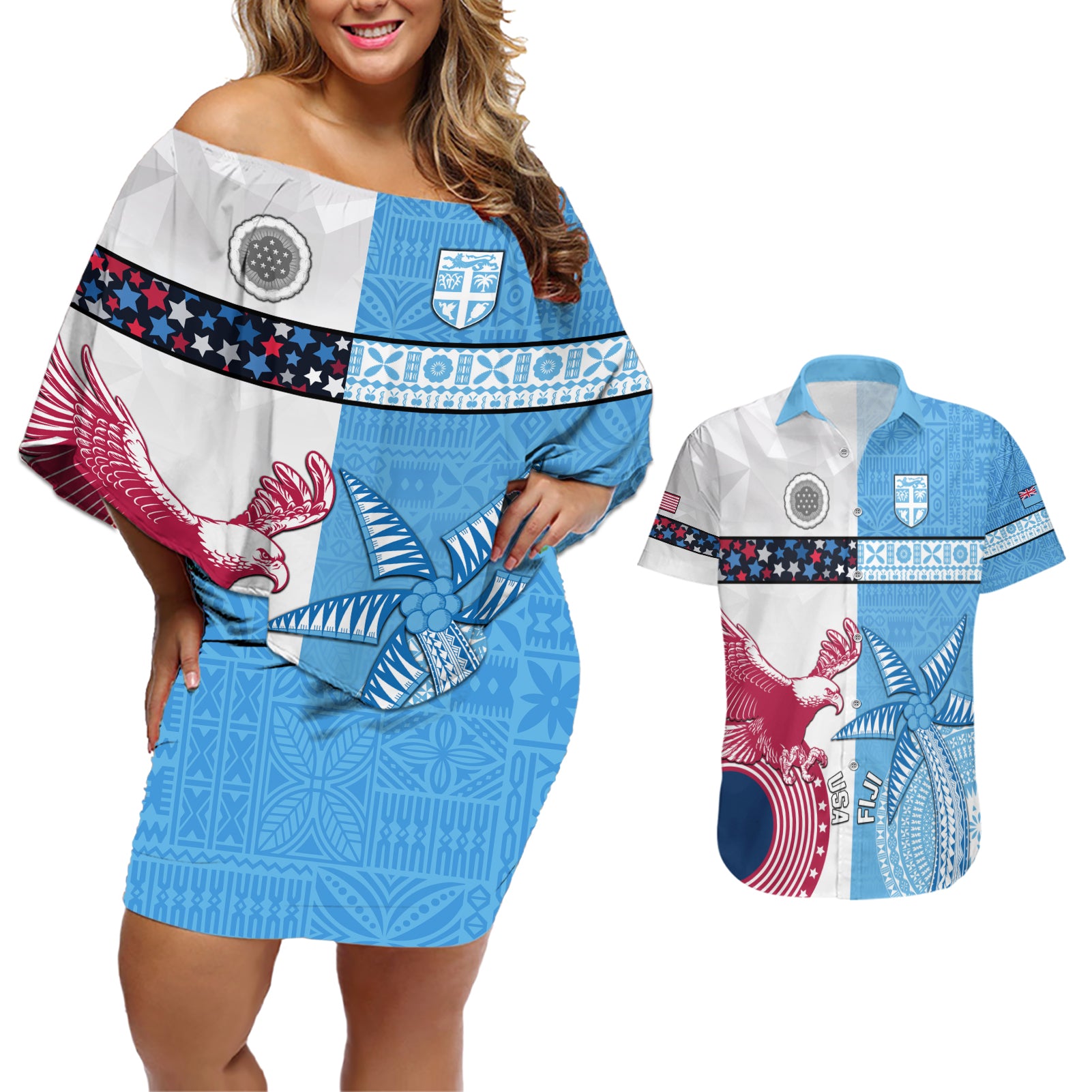 Custom Fiji And USA Palm Tree With Eagle Couples Matching Off Shoulder Short Dress and Hawaiian Shirt LT05 Blue - Polynesian Pride