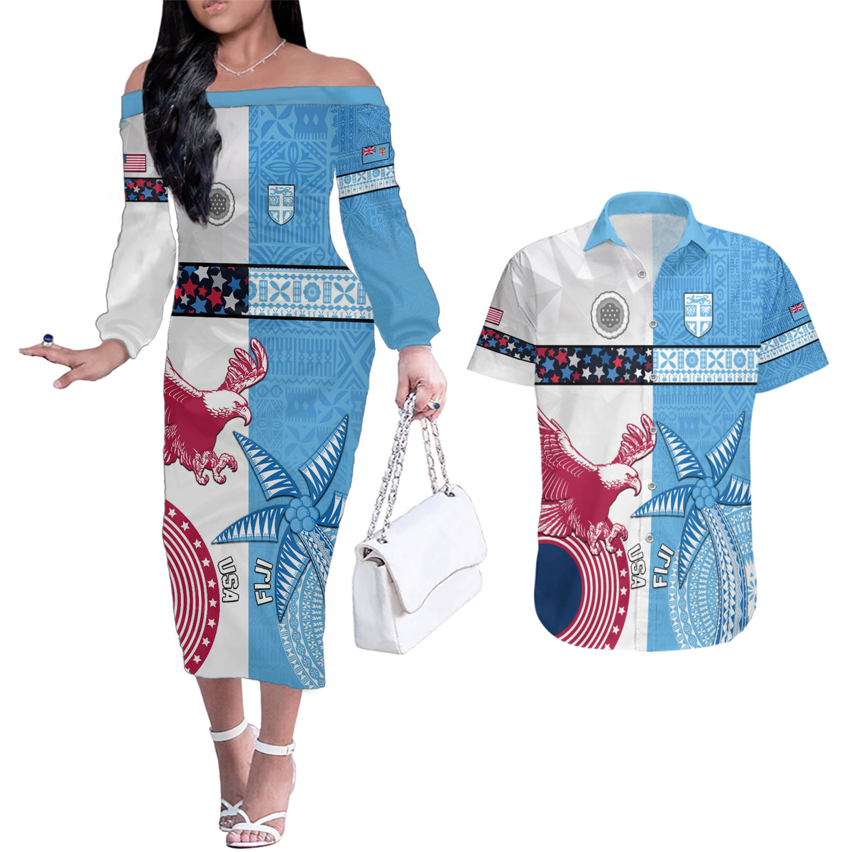 Custom Fiji And USA Palm Tree With Eagle Couples Matching Off The Shoulder Long Sleeve Dress and Hawaiian Shirt LT05 Blue - Polynesian Pride