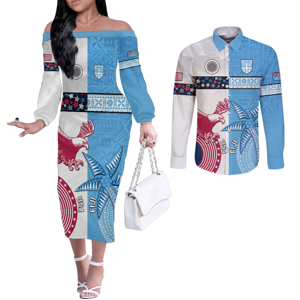 Custom Fiji And USA Palm Tree With Eagle Couples Matching Off The Shoulder Long Sleeve Dress and Long Sleeve Button Shirt LT05 Blue - Polynesian Pride