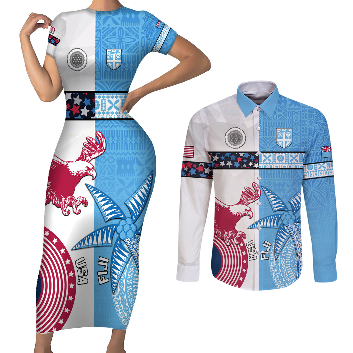 Custom Fiji And USA Palm Tree With Eagle Couples Matching Short Sleeve Bodycon Dress and Long Sleeve Button Shirt LT05 Blue - Polynesian Pride
