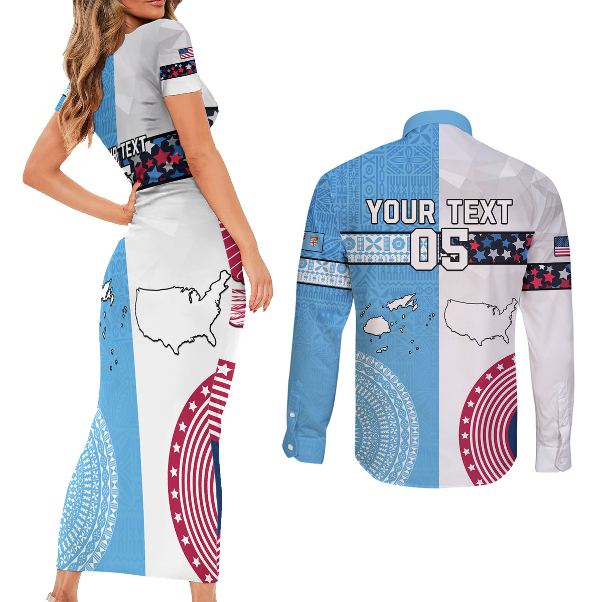 Custom Fiji And USA Palm Tree With Eagle Couples Matching Short Sleeve Bodycon Dress and Long Sleeve Button Shirt LT05 - Polynesian Pride