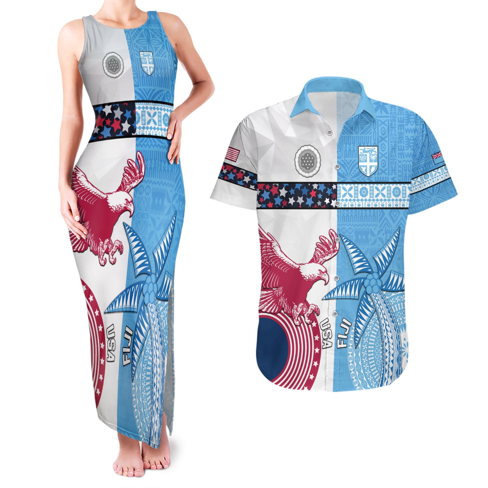 Custom Fiji And USA Palm Tree With Eagle Couples Matching Tank Maxi Dress and Hawaiian Shirt LT05 Blue - Polynesian Pride