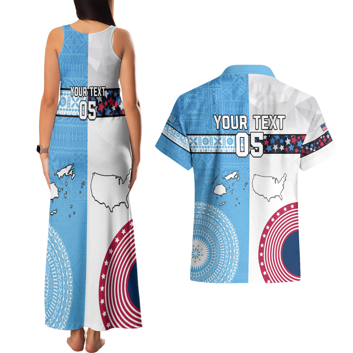 Custom Fiji And USA Palm Tree With Eagle Couples Matching Tank Maxi Dress and Hawaiian Shirt LT05 - Polynesian Pride