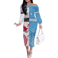 Custom Fiji And USA Palm Tree With Eagle Family Matching Off Shoulder Long Sleeve Dress and Hawaiian Shirt LT05 Mom's Dress Blue - Polynesian Pride