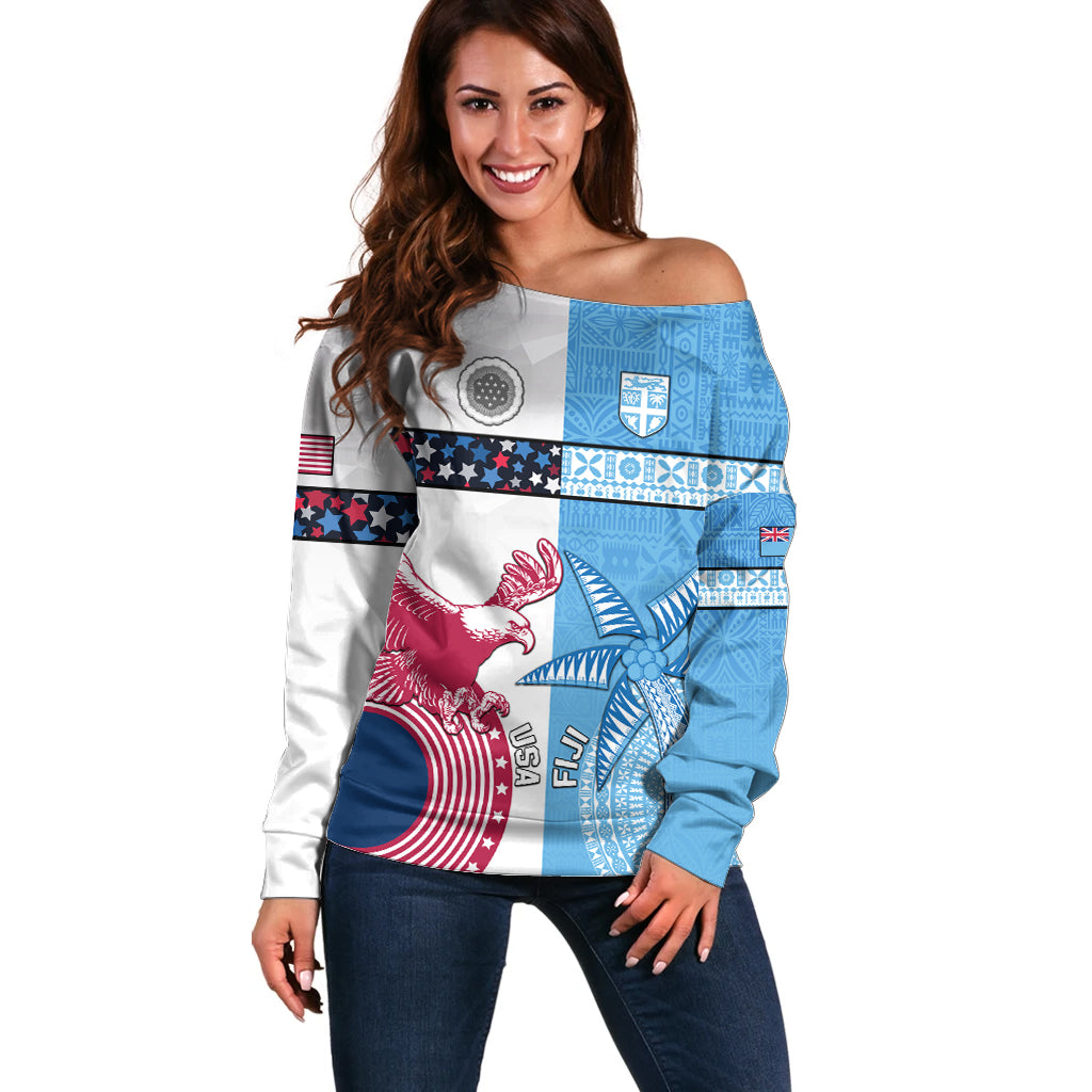 Custom Fiji And USA Palm Tree With Eagle Off Shoulder Sweater LT05 Women Blue - Polynesian Pride