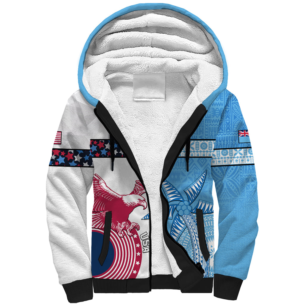 Custom Fiji And USA Palm Tree With Eagle Sherpa Hoodie LT05 Unisex Blue - Polynesian Pride