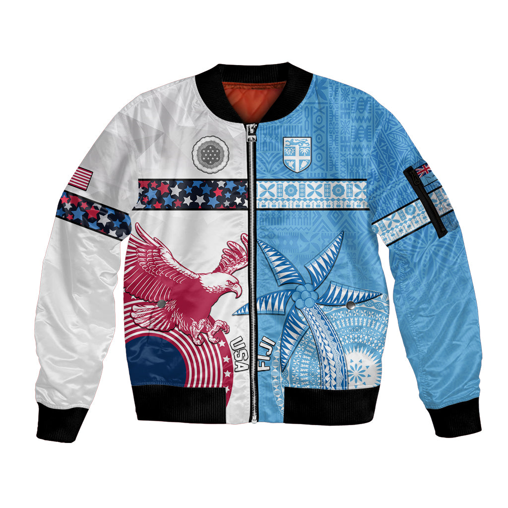 Custom Fiji And USA Palm Tree With Eagle Sleeve Zip Bomber Jacket LT05 Unisex Blue - Polynesian Pride