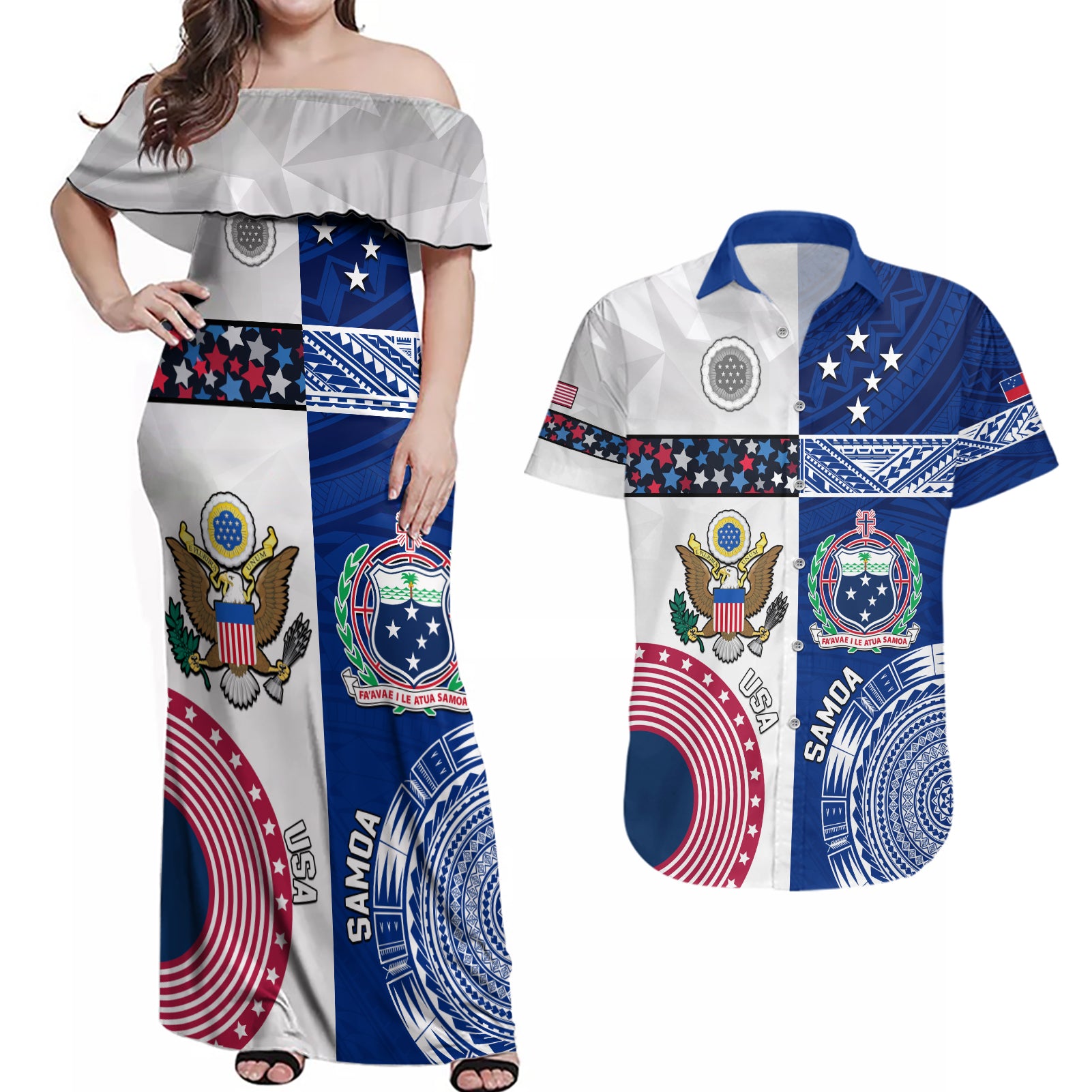 Custom Samoa And USA Together Couples Matching Off Shoulder Maxi Dress and Hawaiian Shirt LT05 Blue - Polynesian Pride