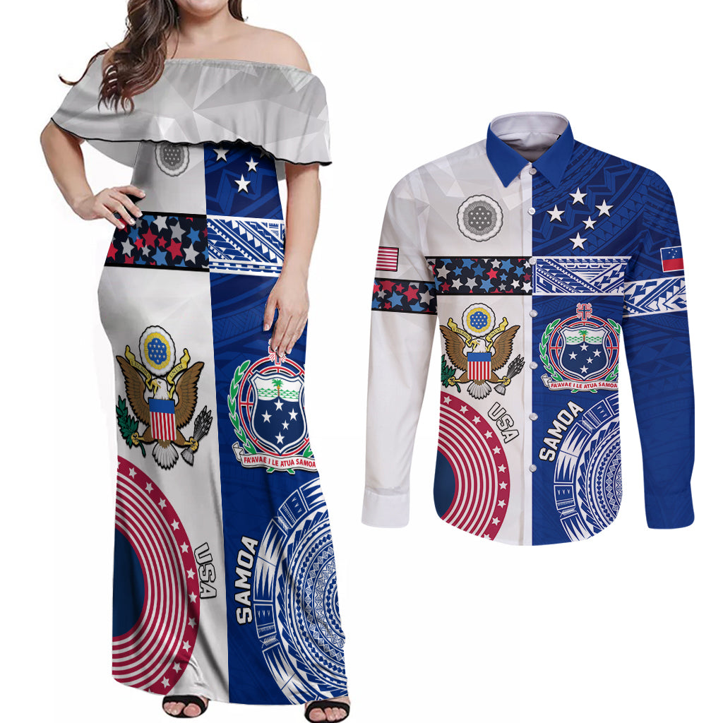 Custom Samoa And USA Together Couples Matching Off Shoulder Maxi Dress and Long Sleeve Button Shirt LT05 Blue - Polynesian Pride