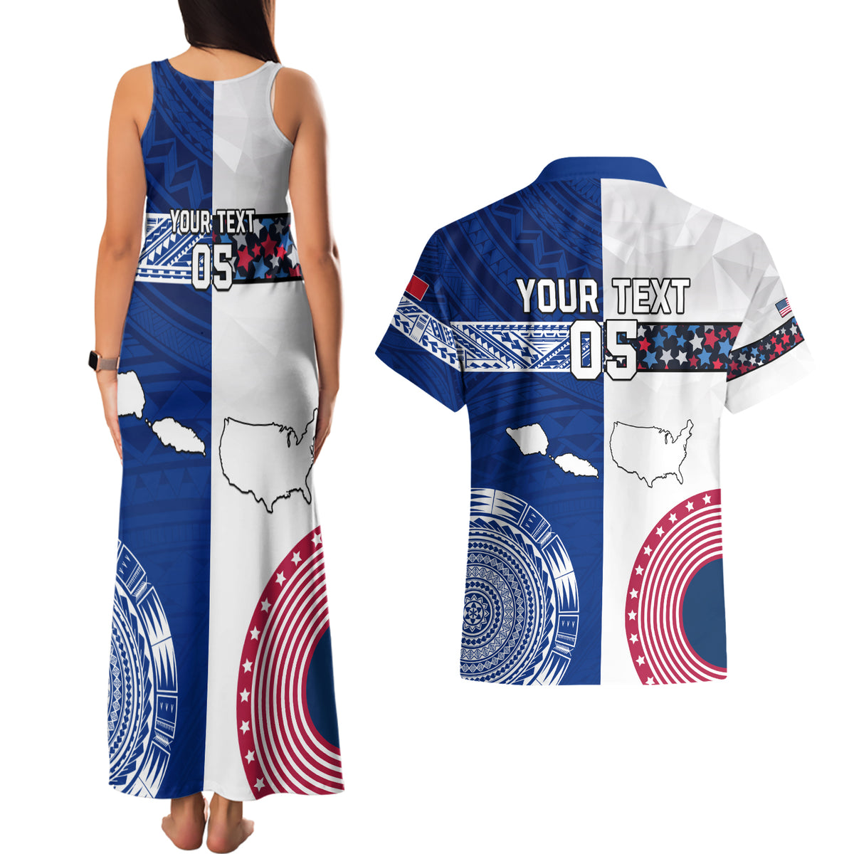 Custom Samoa And USA Together Couples Matching Tank Maxi Dress and Hawaiian Shirt LT05 - Polynesian Pride