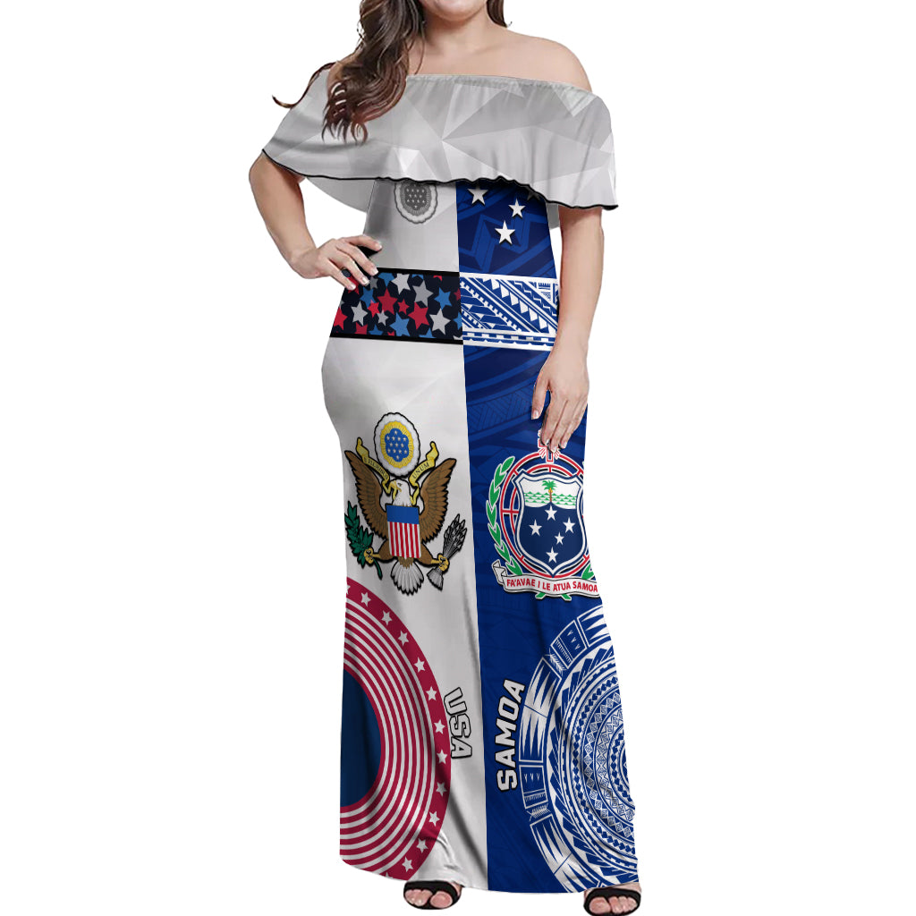 Custom Samoa And USA Together Off Shoulder Maxi Dress LT05 Women Blue - Polynesian Pride