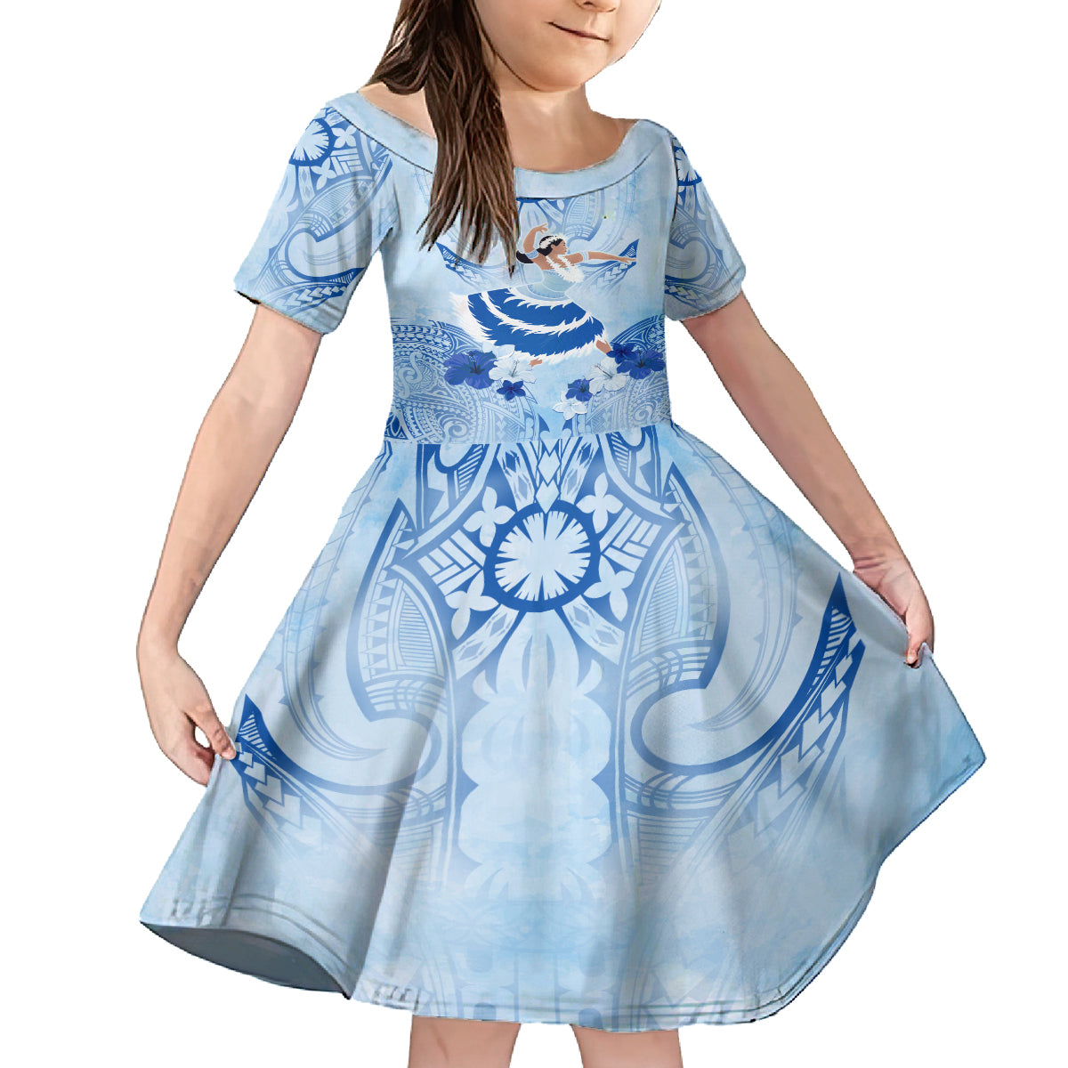 Cook Islands Women's Day Family Matching Puletasi and Hawaiian Shirt With Polynesian Pattern LT05 Daughter's Dress Blue - Polynesian Pride