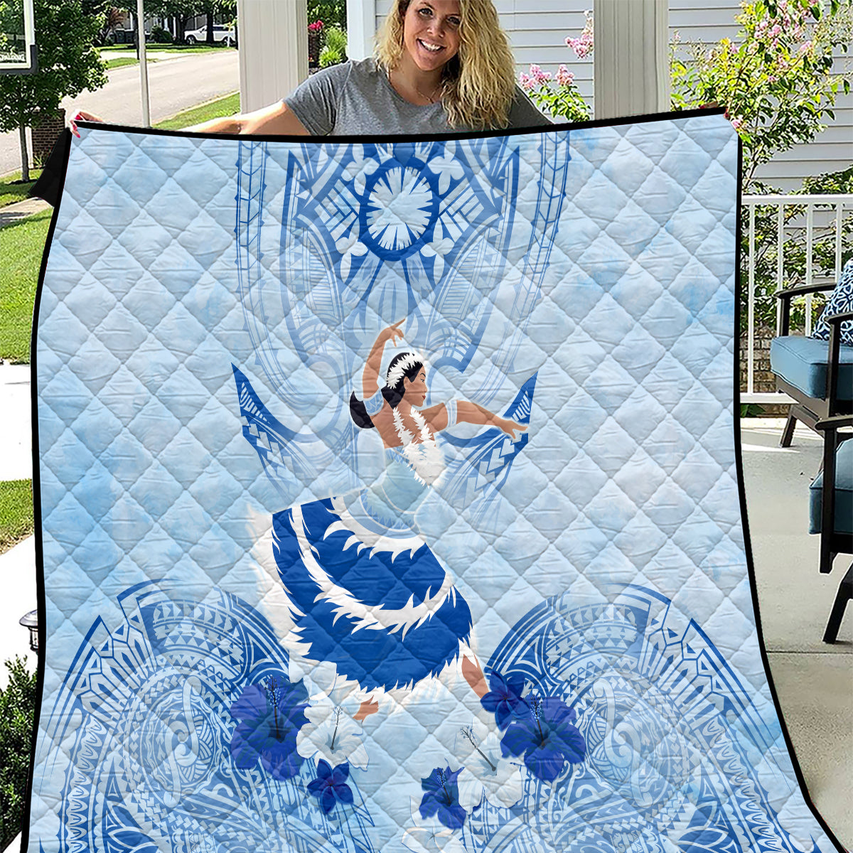Cook Islands Women's Day Quilt With Polynesian Pattern LT05 Blue - Polynesian Pride
