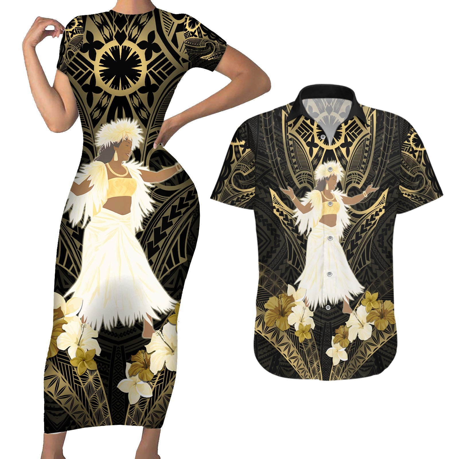 Niue Women's Day Couples Matching Short Sleeve Bodycon Dress and Hawaiian Shirt With Polynesian Pattern LT05 Gold - Polynesian Pride