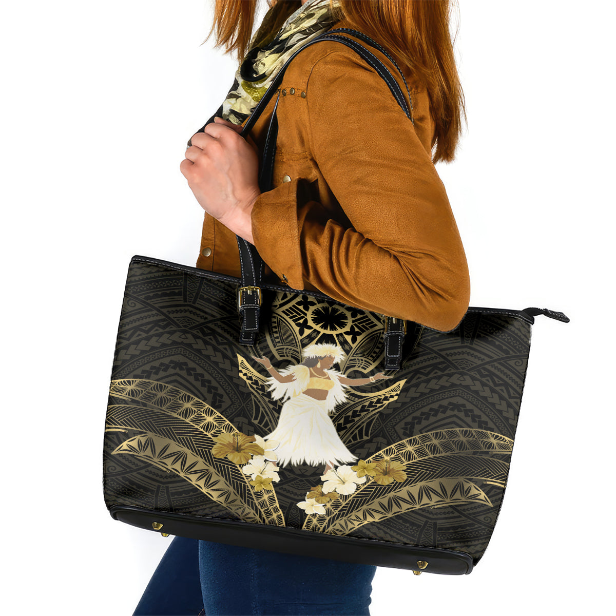 Niue Women's Day Leather Tote Bag With Polynesian Pattern LT05 Gold - Polynesian Pride