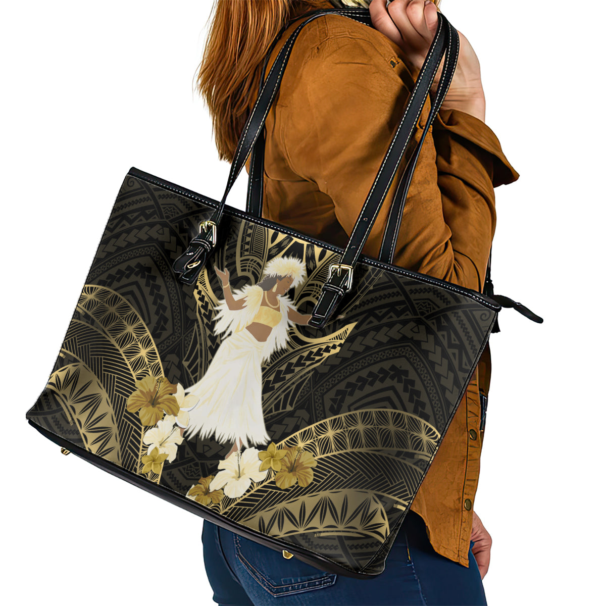 Niue Women's Day Leather Tote Bag With Polynesian Pattern LT05 - Polynesian Pride