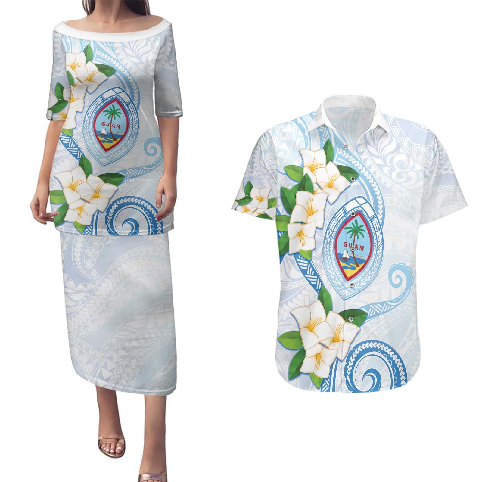 Guam Chamorro Couples Matching Puletasi and Hawaiian Shirt Guasali Flowers Curves Style