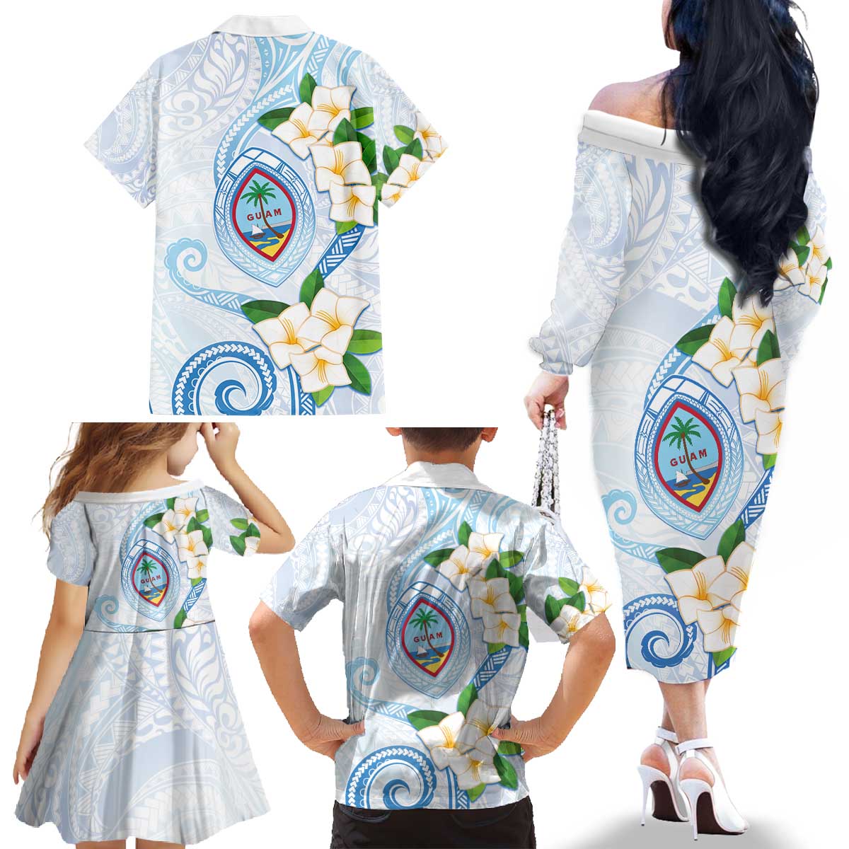 Guam Chamorro Family Matching Off The Shoulder Long Sleeve Dress and Hawaiian Shirt Guasali Flowers Curves Style