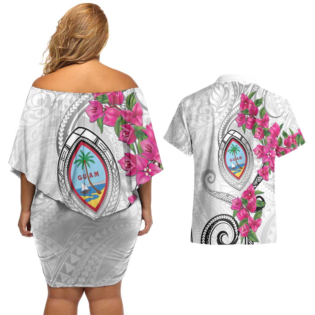 Guam Chamorro Couples Matching Off Shoulder Short Dress and Hawaiian Shirt Curves Polynesian Tattoo Mix Bougainvillea