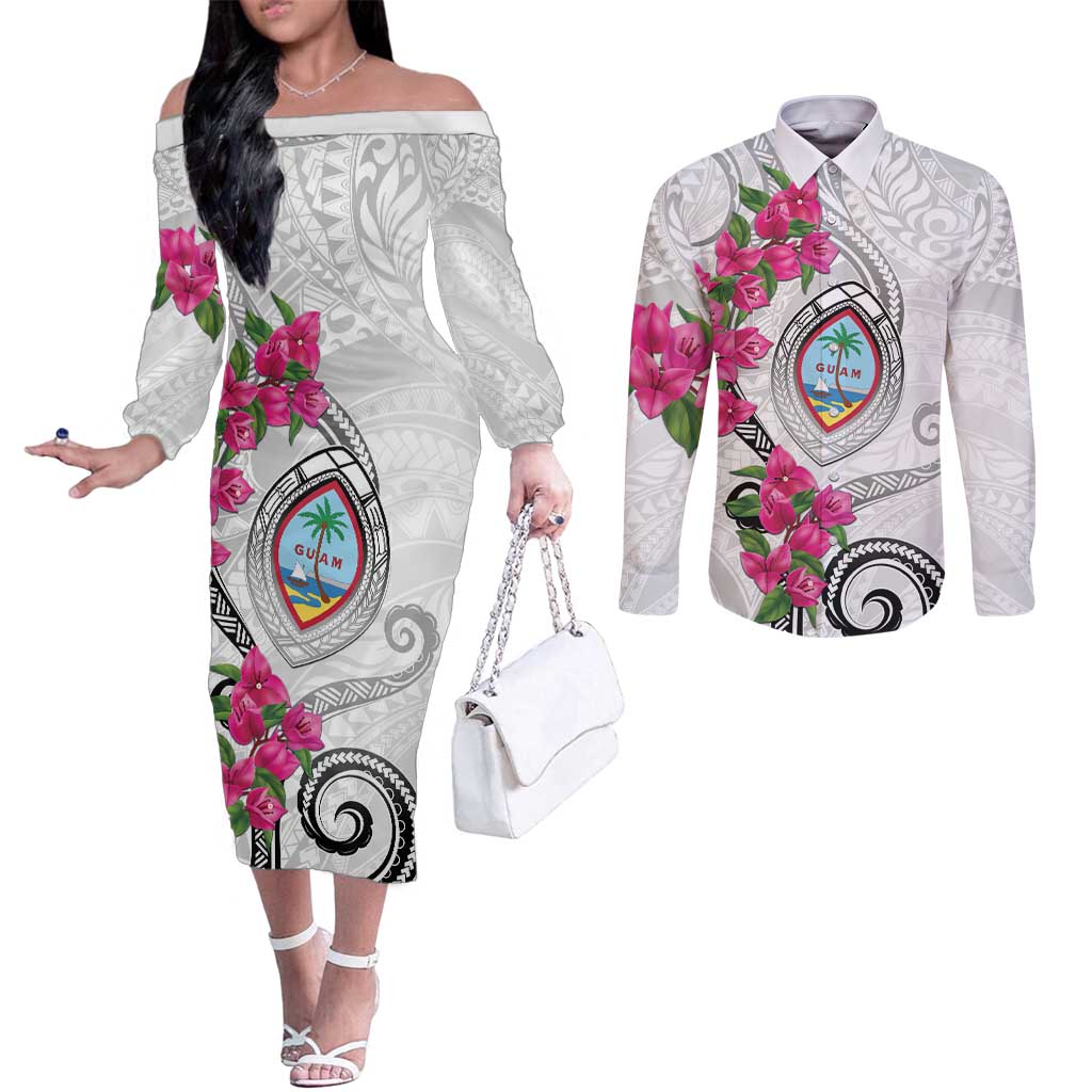 Guam Chamorro Couples Matching Off The Shoulder Long Sleeve Dress and Long Sleeve Button Shirt Curves Polynesian Tattoo Mix Bougainvillea