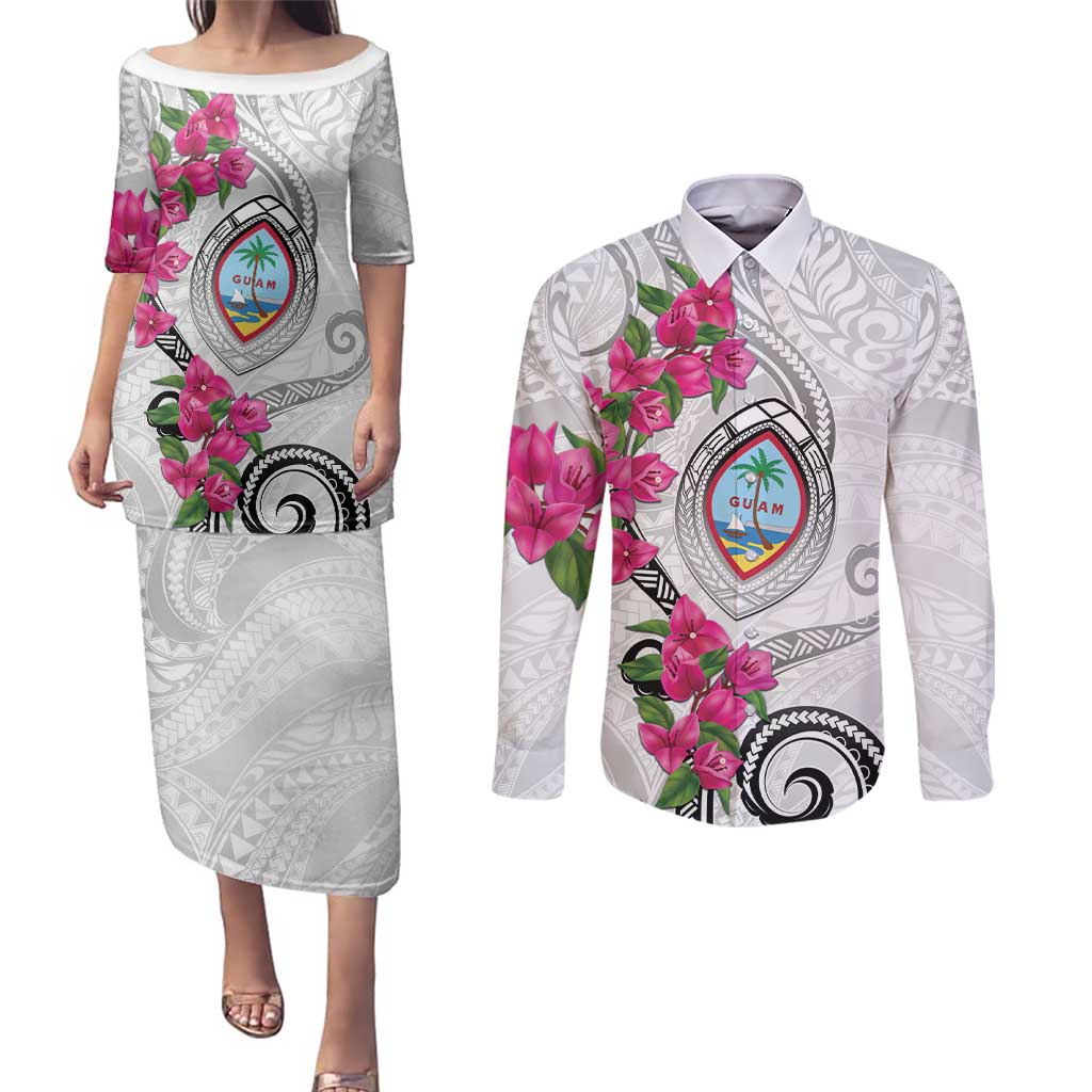 Guam Chamorro Couples Matching Puletasi and Long Sleeve Button Shirt Curves Polynesian Tattoo Mix Bougainvillea