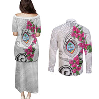Guam Chamorro Couples Matching Puletasi and Long Sleeve Button Shirt Curves Polynesian Tattoo Mix Bougainvillea