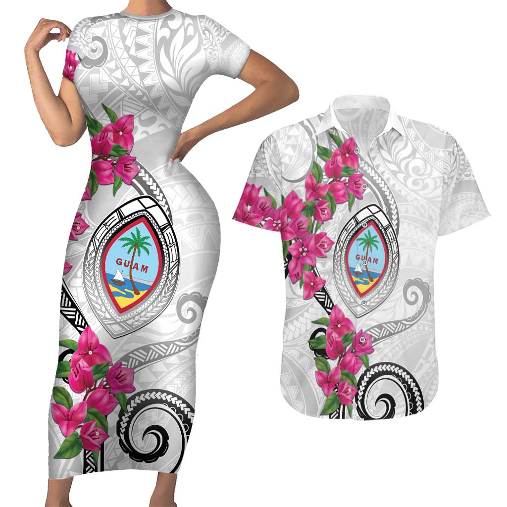 Guam Chamorro Couples Matching Short Sleeve Bodycon Dress and Hawaiian Shirt Curves Polynesian Tattoo Mix Bougainvillea