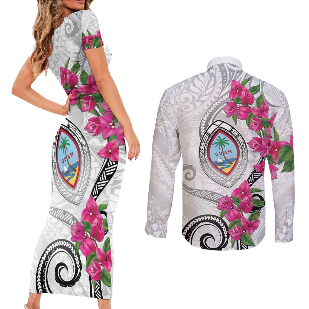 Guam Chamorro Couples Matching Short Sleeve Bodycon Dress and Long Sleeve Button Shirt Curves Polynesian Tattoo Mix Bougainvillea