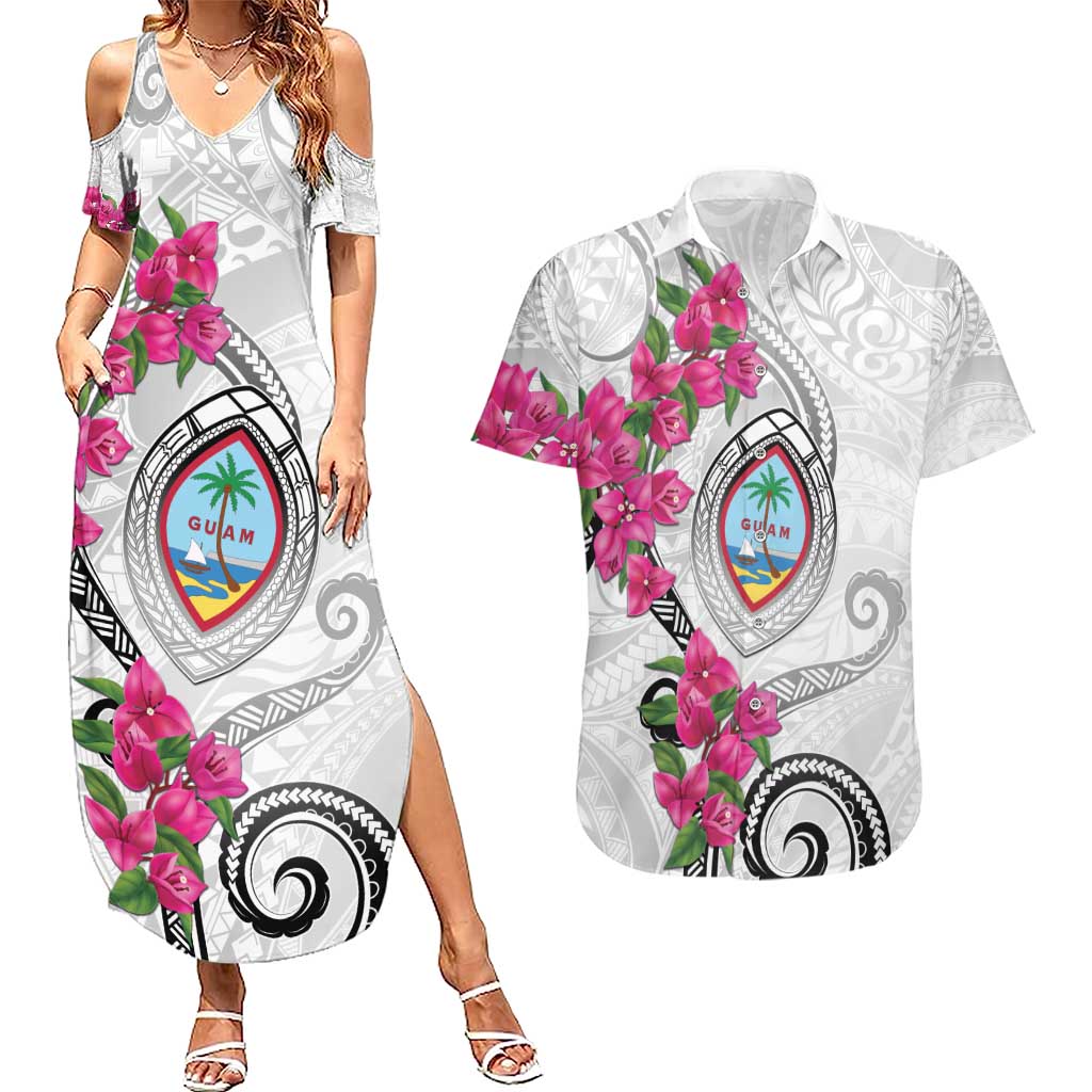 Guam Chamorro Couples Matching Summer Maxi Dress and Hawaiian Shirt Curves Polynesian Tattoo Mix Bougainvillea