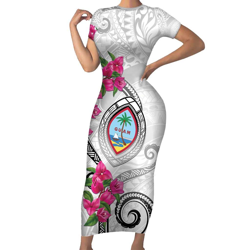 Guam Chamorro Family Matching Short Sleeve Bodycon Dress and Hawaiian Shirt Curves Polynesian Tattoo Mix Bougainvillea