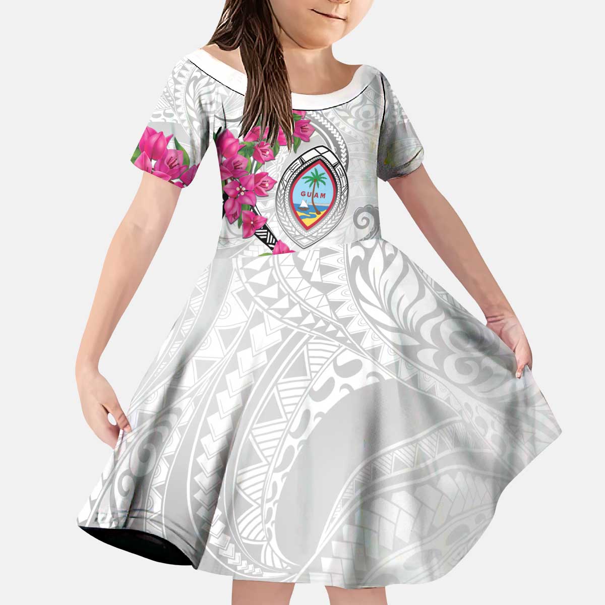 Guam Chamorro Kid Short Sleeve Dress Curves Polynesian Tattoo Mix Bougainvillea