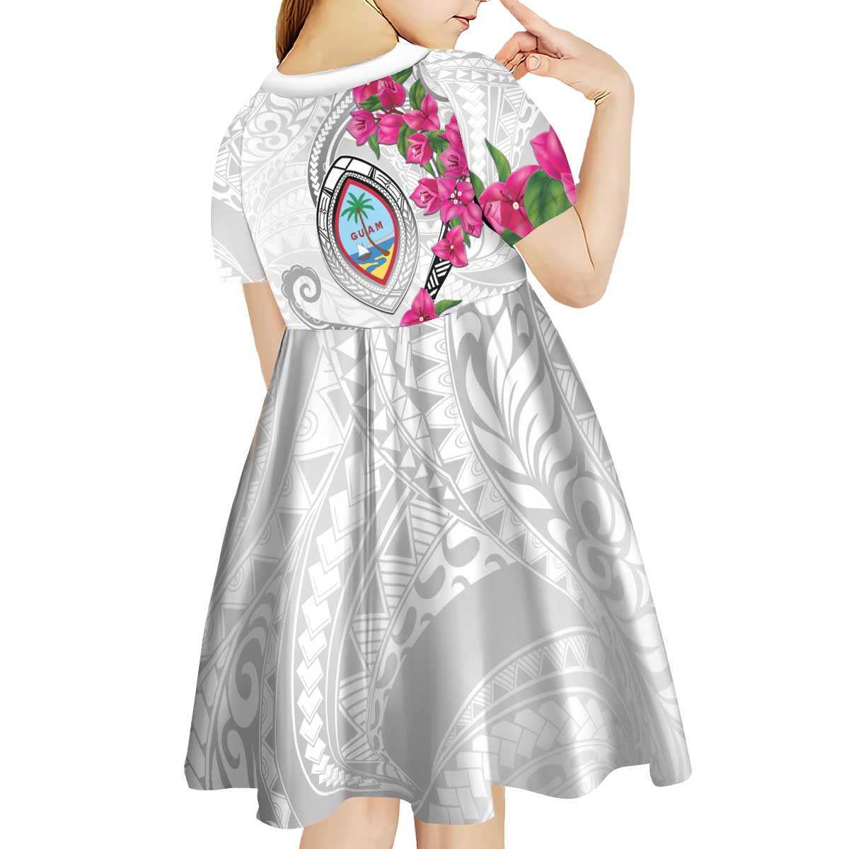 Guam Chamorro Kid Short Sleeve Dress Curves Polynesian Tattoo Mix Bougainvillea