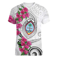 Guam Chamorro Women V-Neck T-Shirt Curves Polynesian Tattoo Mix Bougainvillea