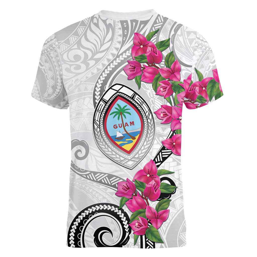 Guam Chamorro Women V-Neck T-Shirt Curves Polynesian Tattoo Mix Bougainvillea