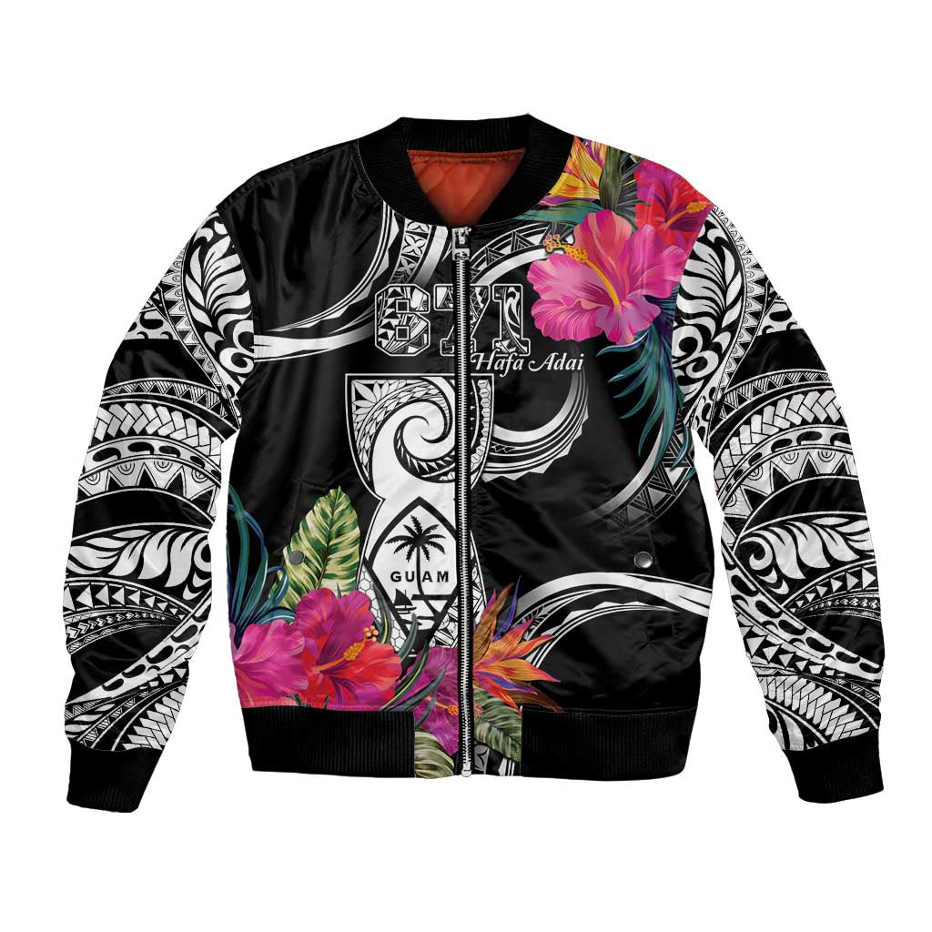 Hafa Adai Guam Bomber Jacket Polynesian Tattoo Tropical Flowers