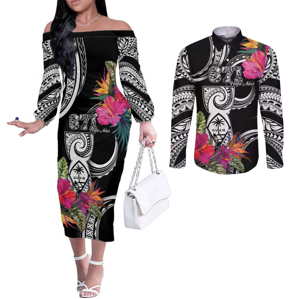 Hafa Adai Guam Couples Matching Off The Shoulder Long Sleeve Dress and Long Sleeve Button Shirt Polynesian Tattoo Tropical Flowers