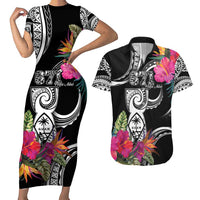 Hafa Adai Guam Couples Matching Short Sleeve Bodycon Dress and Hawaiian Shirt Polynesian Tattoo Tropical Flowers